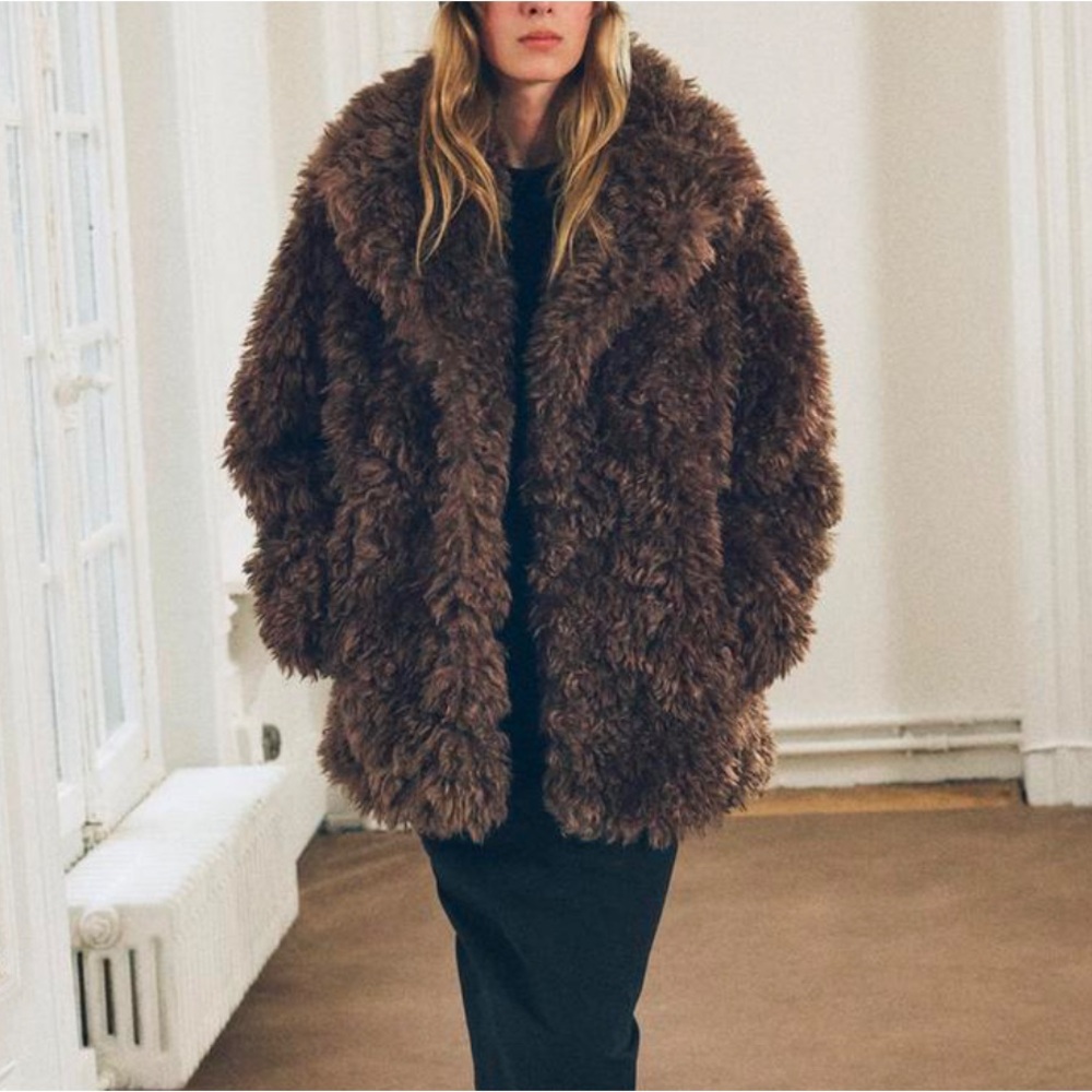 ZARA FAUX FUR SHORT COAT ZW COLLECTION CHOCOLATE SHAGGY JACKET SMALL 2969/254